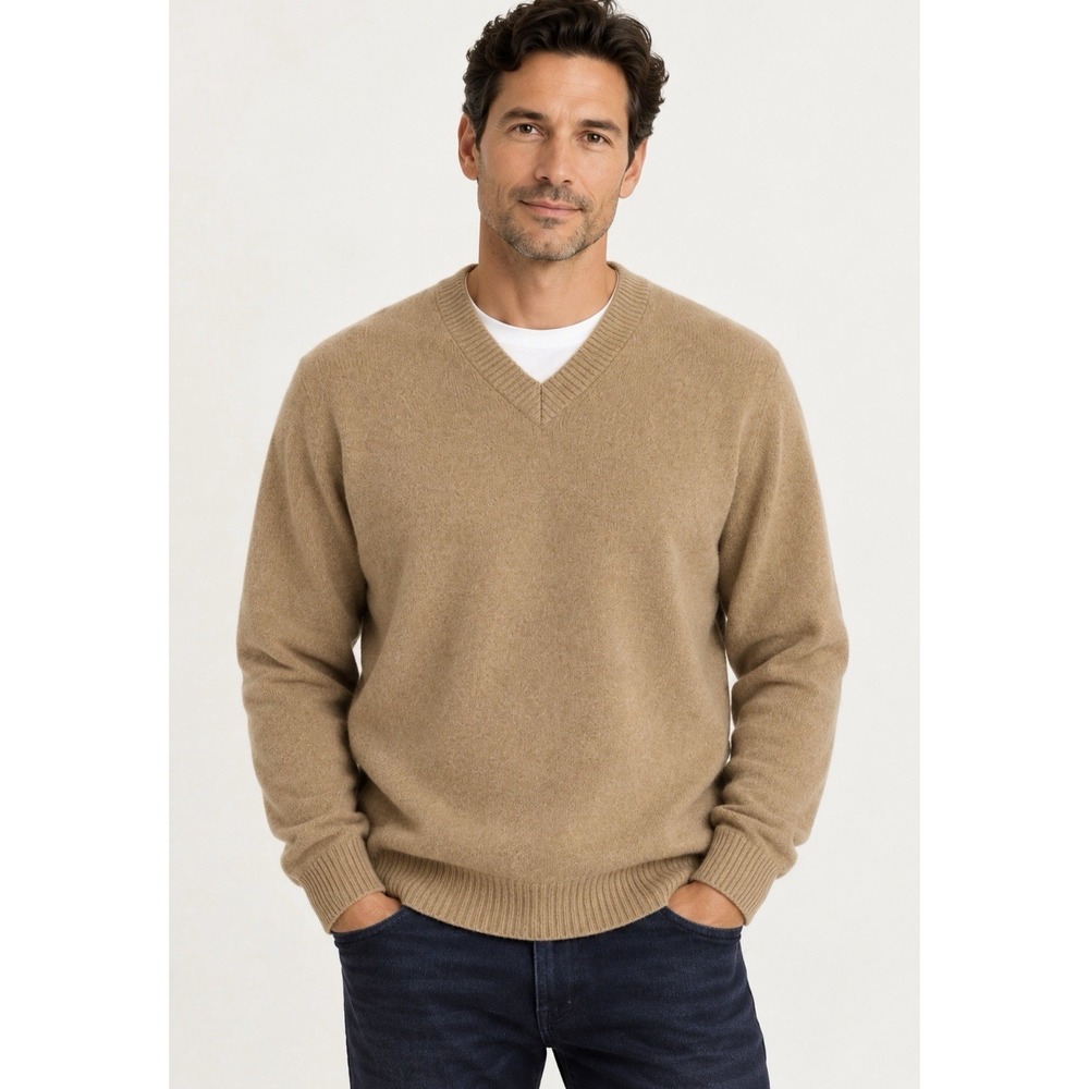 NEW! Lands' End Wool Cashmere Blend V-neck Pullover Sweater Camel Brown SZ L